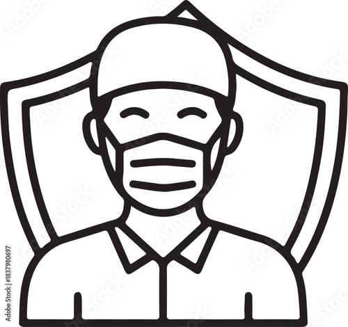 Simple black and white line art icon of a person wearing a protective face mask for health and safety