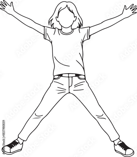 Joyful child in mid jump simple clean line art illustration