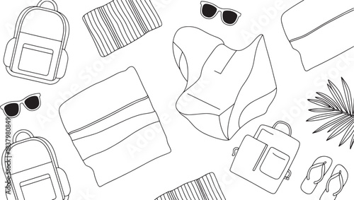 Black and white line art of travel essentials scattered on white background backpack sunglasses
