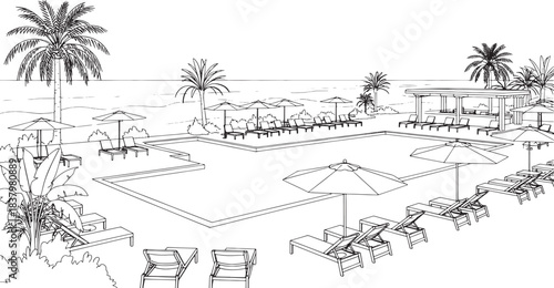Black and white line drawing of a resort swimming pool with lounge chairs and palm trees umbrellas