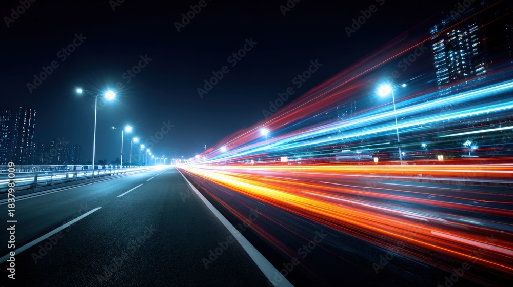 Obraz premium City Highway at Night with Light Trails, Demonstrating High Speed and Modern Transportation
