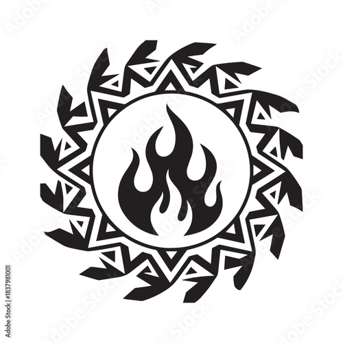 Tribal Ring Encloses Blazing Black Fire Symbol, Maori Style Tattoo Artwork.