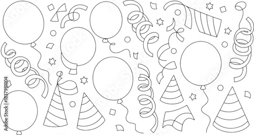 Black and white line drawing of balloons party hats confetti and streamers star