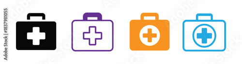 First aid box icon, medical briefcase icon. Medical bag solid icon. First aid kit icons set in various colors. Hospital doctor first aid box glyph style pictogram on white background. 