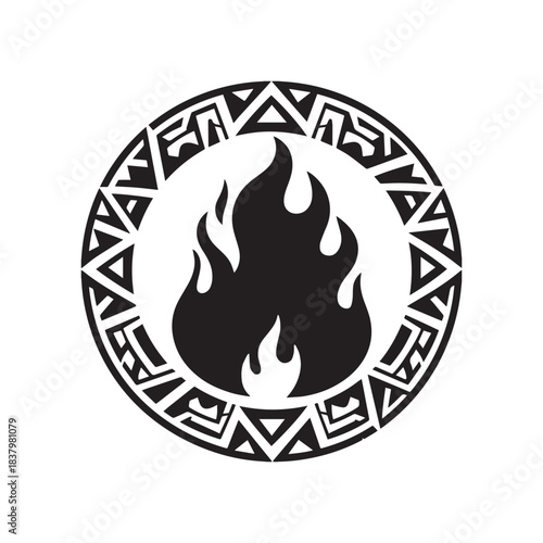 Tribal Ring Encloses Blazing Black Fire Symbol, Maori Style Tattoo Artwork.