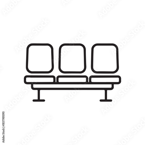 Simple black outline icon of a modern three seat waiting bench for public areas and transit hubs