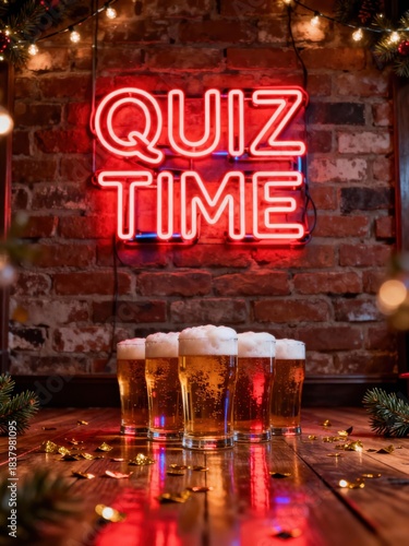 Five Glasses of Beer in Front of Neon Quiz Time Sign