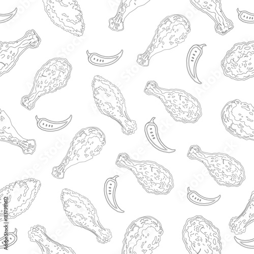 Spicy Fried Chicken Seamless Pattern. Chili Pepper Doodle Background. Crispy Chicken Outline Design for Food Packaging. Restaurant Branding Repeat Art.