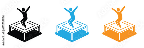 trampoline icon flat line symbol set. Trampoline jumping icon set. Jumping trampoline icon isolated on white background.  Children Trampoline icon. Set icons in color circle buttons.