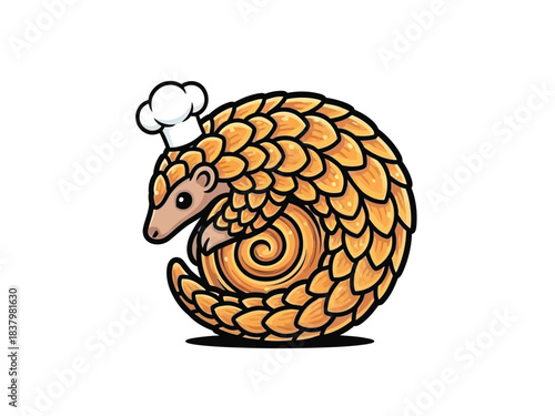 A cute cartoon pangolin wearing a chef's hat, curled up in a ball.
