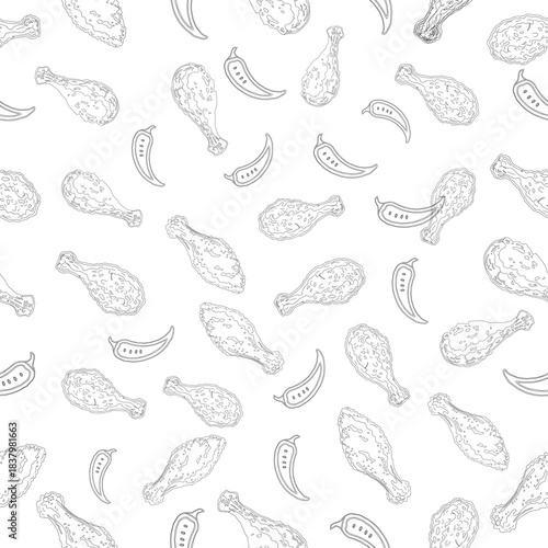 Spicy Fried Chicken Seamless Pattern. Chili Pepper Doodle Background. Crispy Chicken Outline Design for Food Packaging. Restaurant Branding Repeat Art.