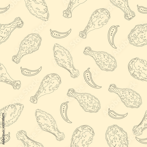 Spicy Fried Chicken Seamless Pattern. Chili Pepper Doodle Background. Crispy Chicken Outline Design for Food Packaging. Restaurant Branding Repeat Art.