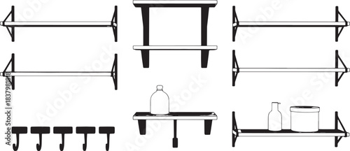 Collection of black and white line art wall mounted shelving and hooks shelf wall shelf