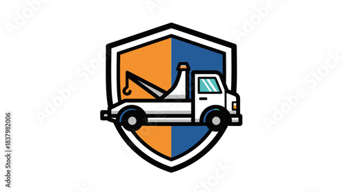 Shield Logo with a Tow Truck Illustration: Flat Vector Design in Blue and Orange for Roadside Assistance or Vehicle Recovery Service