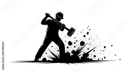 Silhouette of a Construction Worker Swinging a Sledgehammer, Causing Debris and Splinters to Fly Up (Vector)