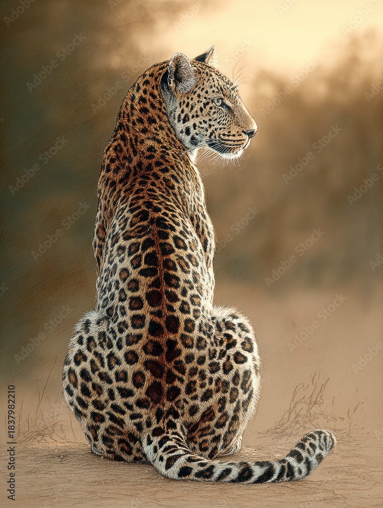 Naklejka premium Majestic Leopard Sitting Gracefully in Sunrise Serengeti Landscape