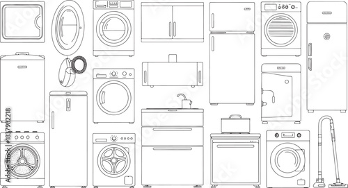 Collection of line art home appliances including washing machines refrigerators and vacuum cleaners dryer