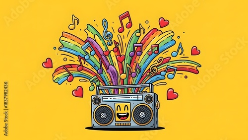Cartoon boombox blasting rainbow colored music notes and hearts radio sound