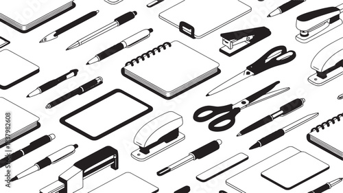 Isometric black and white office supplies pattern with pens notebooks staplers and scissors stationery