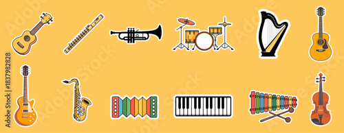musical instrument sticker collection with various orchestra and band equipment, vector illustration icon set 