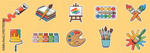 art supplies sticker collection with paint, brushes, and easel, vector illustration icon set for creativity and painting