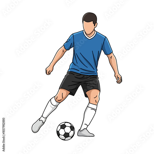 Soccer player in blue jersey dribbling a ball.