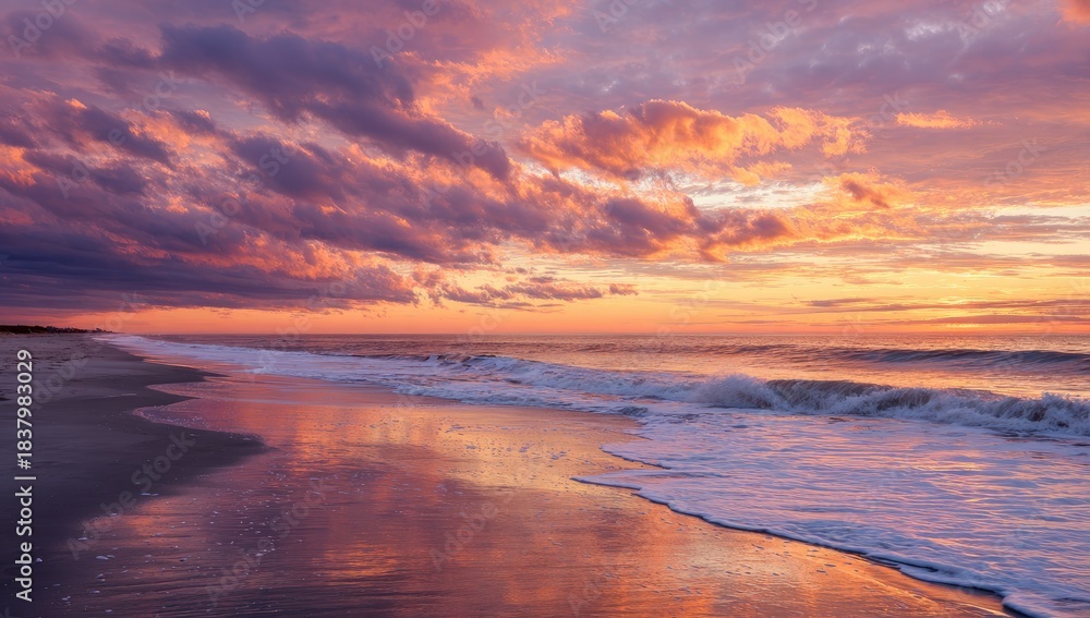 Fototapeta premium A coastal landscape features a vibrant sunset reflecting on the wet sand and foamy waves