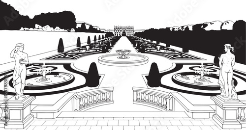 Ornate formal garden with fountains statues and distant palace building symmetrical