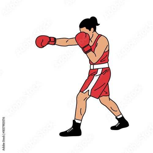 Female boxer in red shorts and gloves throwing a punch.