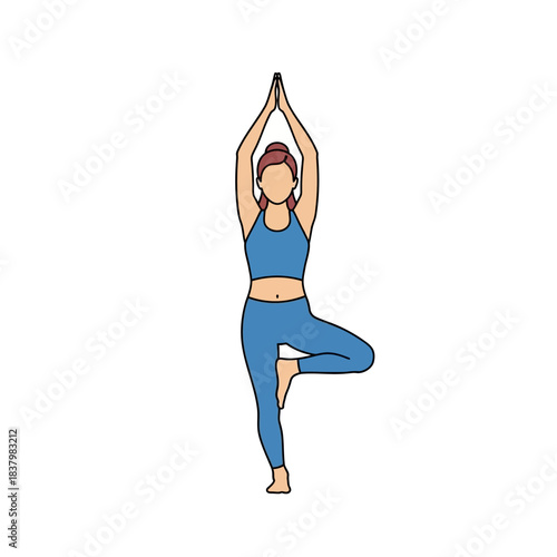 Woman Performing Tree Pose Yoga in Blue Athletic Wear.