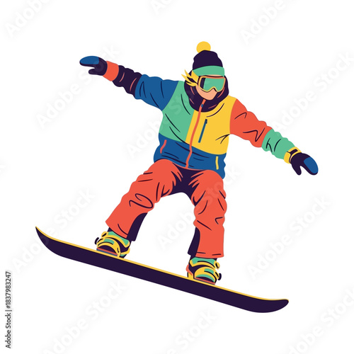 Snowboarder in colorful winter gear enjoying the thrill of snowboarding on a snowy slope.