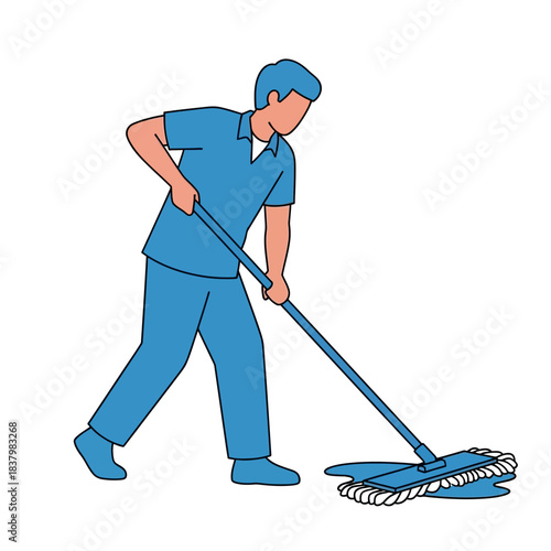 Man diligently mopping the floor with focused concentration.