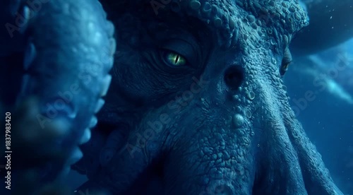 Close-up cinematic shot of a mysterious giant blue octopus with glowing green eye, underwater fantasy scene