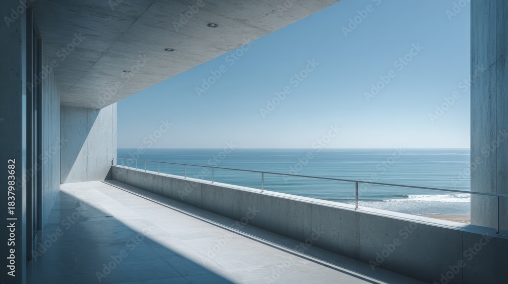Fototapeta premium Modern Architecture Ocean View Balcony with Blue Sky and Sea, Minimalist Design, Concrete Structure