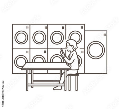 コインランドリーを利用中スマホを見る40代女性のイラスト　線画のみ