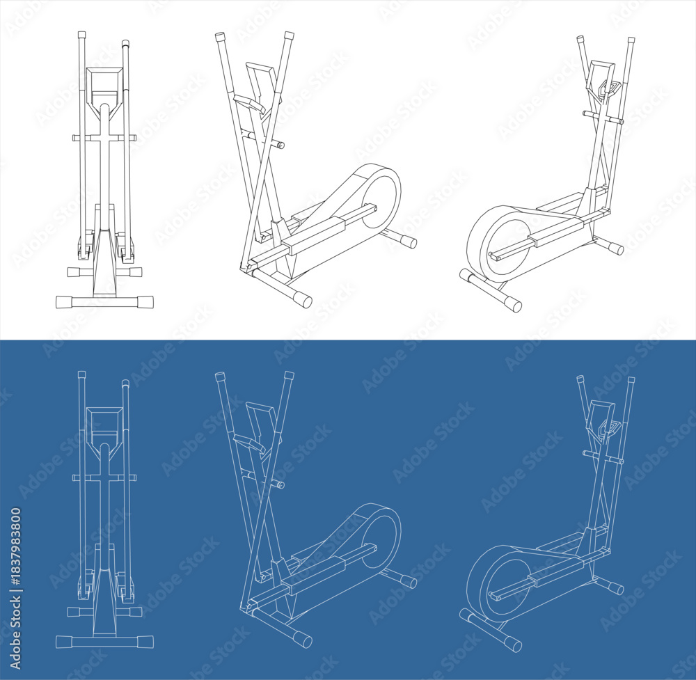 Obraz premium Three Views of Elliptical Cross Trainer Wireframe