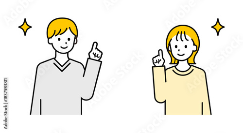 シンプルな私服の大人の男女_指差し