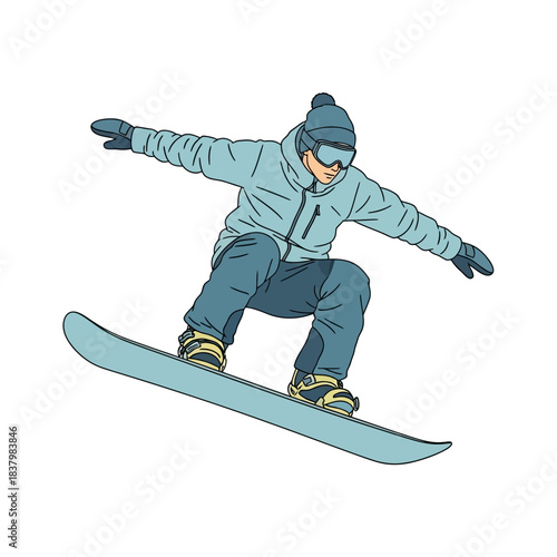 Dynamic illustration of a snowboarder in mid-air jump.
