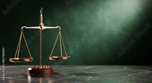 Classic golden scales of justice on dark marble table with green background