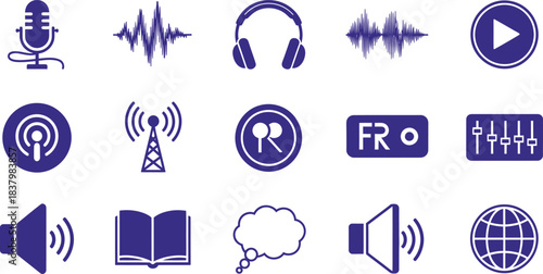 Audio and podcasting icons with microphone and sound waves headphones