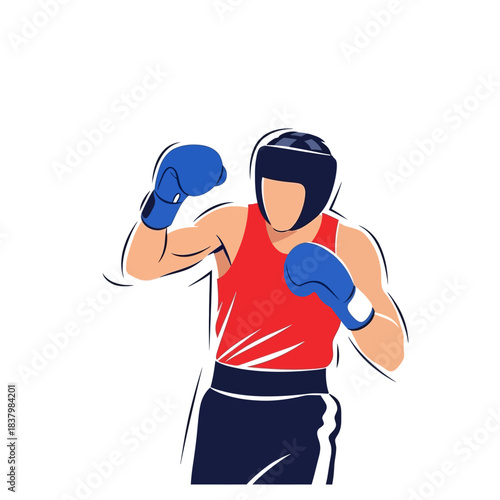 Boxer in red tank top and blue gloves ready to fight.