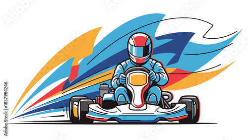 High-Energy Professional Go-Kart Racer Accelerating at Maximum Speed, Illustrated with Dynamic Motion Blur Streaks in Vibrant Blue, Red, and Orange, Symbolizing Competition, Velocity, and Motorsports 