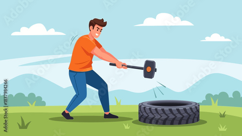 Dynamic Cartoon Vector Illustration of a Strong Man in Orange T-Shirt and Blue Jeans Engaged in an Intense Outdoor Cross-Training Workout, Vigorously Hitting a Large Heavy Tractor Tire with a Sledgeha