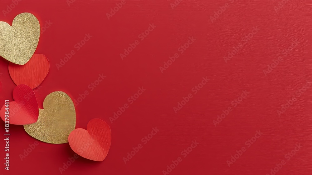 Fototapeta premium Red and Gold Paper Hearts on Luxury Red Background 