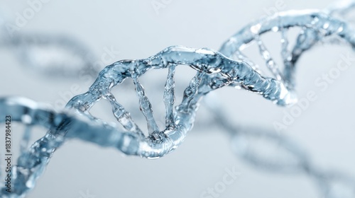 Fototapeta Naklejka Na Ścianę i Meble -  Transparent 3d rendering of liquid DNA helix structure symbolizing genetic research biotechnology and molecular innovation in clean scientific background ideal for healthcare and biotech visuals