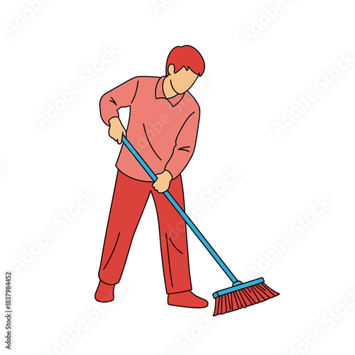 Man Sweeping with Broom, Cleaning Illustration.
