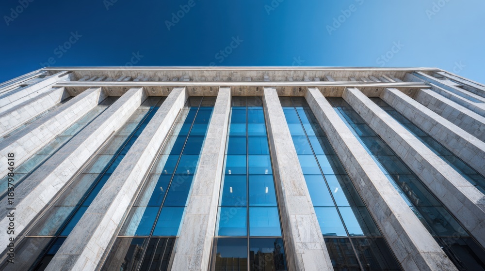Fototapeta premium Low angle view of modern marble government or corporate building facade with glass windows under blue sky symbolizing architecture strength and institutional design