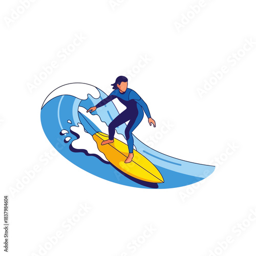 Surfer riding a wave on a yellow surfboard wearing a blue wetsuit.