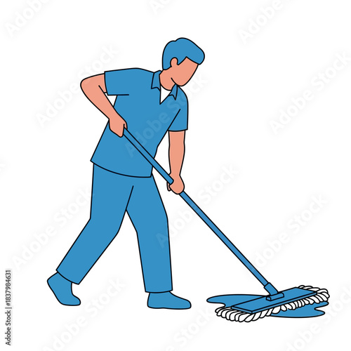 Man in blue uniform cleaning floor with mop in hand.