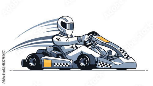 Dynamic Monochromatic Vector Illustration of a Professional Go-Kart Racer in a Sleek White and Gray Suit, Driving a High-Performance Racing Kart at Full Speed, Emphasizing Motion and the Excitement of
